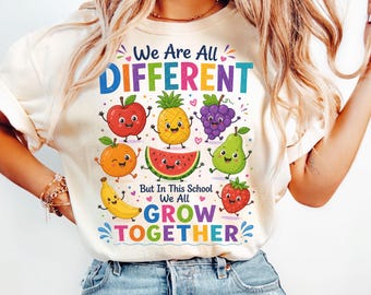 Autism Acceptance Teacher Shirt, We Are All Different We Grow Together Tee, Neurodiversity Fruit Classroom Gift Tee