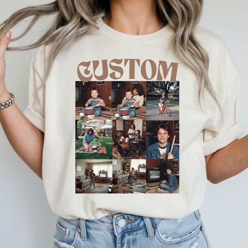 Comfort Colors vintage t-shirt with custom photo collage design featuring family memories and personalized photos