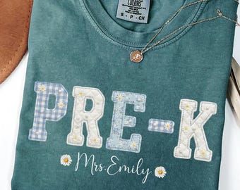 Comfort Colors Pre-K Teacher Shirt Personalized Teacher Name Tee Blue Floral Faux Patchwork Preschool Teacher Back To School