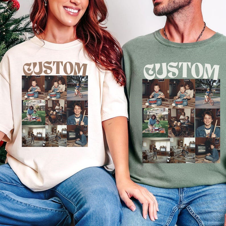 Comfort Colors vintage t-shirt with custom photo collage design featuring family memories and personalized photos