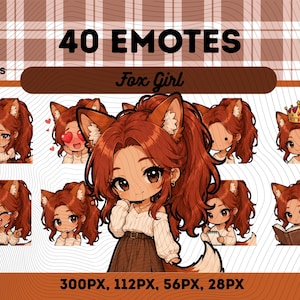 May include: A digital collection of 40 Fox Girl emotes in PNG format. The set features a character with auburn hair, fox ears, and a tail, depicted in various expressions and poses including wearing a crown, reading a book, and showing hearts.