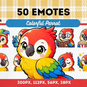 Puede incluir: Gráfico digital con 50 emoticonos de loros coloridos. Los emoticonos muestran diversas expresiones y actividades, como leer, comer palomitas de maíz y usar gafas. El texto dice "50 Emotes" y "Colorful Parrot".