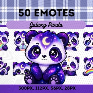 May include: A digital art collection of galaxy panda emotes. Each panda is depicted in purple and blue with a crescent moon design. The emotes show different expressions and actions, such as eating, drinking, and crying. Text includes "50 Emotes" and "Galaxy Panda".