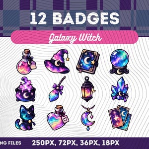 Pode incluir: Um conjunto de 12 emblemas digitais intitulados 12 BADGES Galaxy Witch, apresentando ilustrações de uma garrafa de poção, chapéu de bruxa, livro de feitiços, bola de cristal, caldeirão, vassoura, lanterna, cristais, gato, garrafa de coração e cartas.