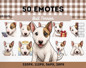 Bullterrier-emotespaket 50, Chibi Kawaii Bullterrier-hund PNG för streamers, omedelbar nedladdning