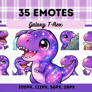May include: A digital art graphic featuring a purple Galaxy T-Rex with various expressions. The image includes the text "35 EMOTES" and "Galaxy T-Rex", along with pixel dimensions. The dinosaur is depicted in multiple poses.
