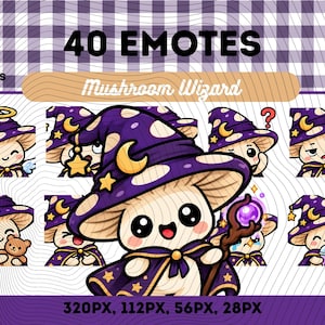 Peut inclure: Une collection numérique de 40 émoticônes Mushroom Wizard au format PNG. Les personnages sont des champignons portant des chapeaux de sorcier violets avec des étoiles et des lunes jaunes, des capes et diverses expressions. Texte : 40 EMOTES, Mushroom Wizard, 320PX, 112PX, 56PX, 28PX.