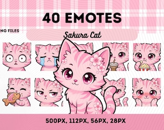 Sakura Cat Emotes Pack 40, Kawaii Cherry Blossom Cat Chibi Japanese Aesthetic Stream Emotes PNG VTuber, Streamers, Instant Download
