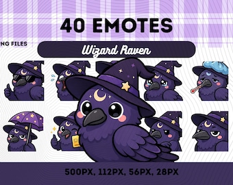 Trollkarl, Korpen, Månen, Emotes-paket 40, Lila, Häxig Korpen, Kawaii Chibi, Himmelsk, Mörk Fantasy PNG VTuber, Streamers, Omedelbar Nedladdning