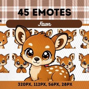Op de afbeelding: Een digitale collectie van 45 reekalf-emotes in PNG-formaat. De afbeelding toont een bruin, gevlekt hert-personage met grote donkere ogen in verschillende houdingen, waaronder het vasthouden van een gouden trofee, een duim omhoog en drinkend.