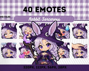 Kanin-trollkarl-emotes-paket 40, Chibi Kawaii Magic Bunny Girl PNG för streamers, omedelbar nedladdning