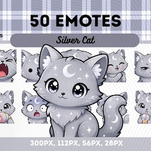 Könnte beinhalten: Digitales Kunstwerk mit 50 Emotes einer silbernen Katze mit Mond- und Sterndetails. Die Katzen-Emotes zeigen verschiedene Ausdrücke, darunter glücklich, überrascht und wütend. Der Text "50 Emotes" und "Silver Cat" ist auf dem Bild zu sehen.