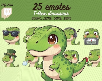 Pacote com 25 emotes de dinossauro T-Rex, emotes fofos e kawaii de T-Rex em PNG para streamers, arquivo digital