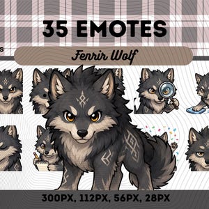 Puede incluir: Una colección digital de 35 emoticonos de Fenrir Wolf en formato PNG. El conjunto presenta un lobo gris oscuro con acentos de pelaje gris claro, ojos ámbar y marcas geométricas. Varias expresiones incluyen un lobo sosteniendo una lupa, escribiendo en un bloc de notas, limpiando con un atomizador y haciendo un gesto de facepalm.