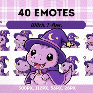 May include: A digital art graphic featuring a purple dinosaur wearing a witch hat and cape. The image includes the text "40 EMOTES" and "Witch T-Rex". Various expressions are shown, with sizes 300PX, 112PX, 56PX, and 28PX.