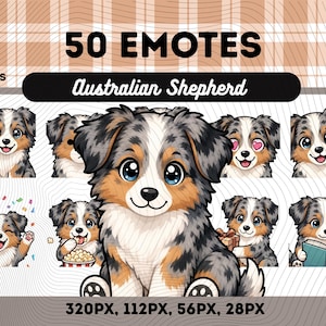 Op de afbeelding: Een digitale collectie van 50 Australian Shepherd honden-emotes in PNG-formaat. De afbeelding bevat diverse illustraties van het ras met blauwe, bruine en witte vacht, die verschillende uitdrukkingen en acties tonen zoals lezen, eten en zwaaien.