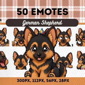 Pode incluir: Uma coleção digital de 50 emotes com filhotes de pastor alemão em desenho animado em várias poses, incluindo escrever, torcer, bocejar e comer pipoca. O texto 50 EMOTES, German Shepherd, PNG FILES e 300PX, 112PX, 56PX, 28PX é visível.