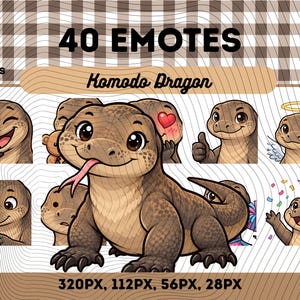Op de afbeelding: Een digitale collectie van 40 Komodovaraan-emotes in PNG-formaat. De set bevat verschillende uitdrukkingen, waaronder een lachende draak, een draak met een hartje, een duim omhoog, een engel, een draak met een telefoon en confetti.