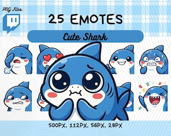 Cute Shark Emotes 25 Pack, Kawaii Shark Chibi Emotes for Streamers, Digital File