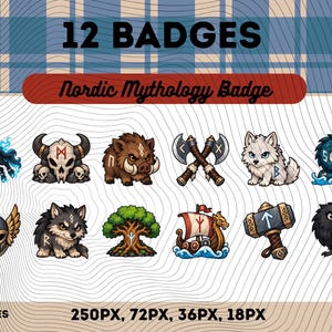 May include: A digital collection of 12 badges featuring Nordic mythology icons including a black horse, horned skull, boar, crossed axes, white wolf, sea serpent, winged helmet, grey wolf, tree, Viking ship, hammer, and raven with PNG files 250px to 18px.