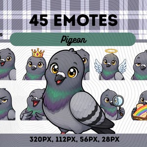 Könnte beinhalten: Eine digitale Sammlung von 45 Tauben-Emotes im PNG-Format, die einen grauen Cartoon-Vogel mit irisierenden Halsfedern in verschiedenen Ausdrücken zeigen, darunter mit erhobenem Daumen, einer Krone, einer Lupe und beim Essen eines Regenbogensandwichs.