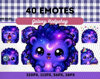 Galaxy Hedgehog Emotes Pack 40, Chibi Kawaii Cosmic Hedgehog PNG för streamers, omedelbar nedladdning