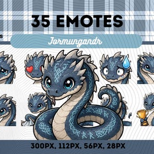 May include: A digital collection of 35 Jormungandr emotes in PNG format. The set features a cartoon blue dragon with white markings, shown in various expressions including crying, heart eyes, sweating, holding a gift, writing, and holding a trophy.