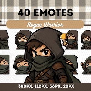 May include: Digital art featuring a collection of 40 emotes of a Rogue Warrior. The emotes depict a character in a hooded cloak and mask, with various expressions and poses. The image includes the text "40 EMOTES" and "Rogue Warrior".