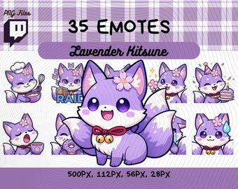 Lavendel Sakura Kitsune Emotes Pack 35, schattige kawaii Fox Spirit Chibi PNG voor streamers, digitaal bestand