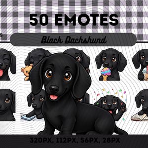 May include: A digital collection of 50 emotes featuring a black dachshund in various poses. The set includes illustrations of the dog eating ice cream, drinking boba tea, holding a daisy, reading a book, and smiling. Text reads 50 EMOTES, PNG FILES, Black Dachshund, 320PX, 112PX, 56PX, 28PX.