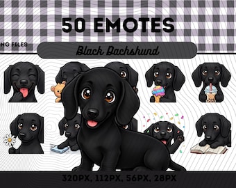 Svarta tax-emotespaket med 50 bilder, Chibi Kawaii svart teckel wienerhund PNG för streamers, omedelbar nedladdning