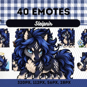 Puede incluir: Una colección digital de 40 emoticonos que presenta un personaje Sleipnir estilizado con pelaje oscuro, una melena azul vibrante y marcas geométricas blancas. El conjunto incluye varias poses y expresiones en archivos PNG.