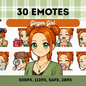 Pacchetto di emoticon Ginger Girl 30, doppie crocchie, occhi verdi, cardigan verde, ragazza Kawaii Chibi, accogliente PNG VTuber, per streamer, download immediato
