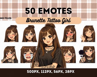 Paquete de 50 emoticonos de chica rockera morena, chica con tatuajes y piercings, pelo largo, ojos marrones, emoticonos alternativos chibi para streamers en formato PNG, descarga instantánea.