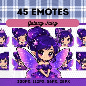 Könnte beinhalten: Eine digitale Sammlung von 45 Galaxy Fairy Emotes im PNG-Format. Das Set zeigt eine Figur mit violettem Haar, Sternakzenten und Flügeln in verschiedenen Posen, unter anderem mit Krone, Kopfhörern, Sonnenbrille und einer Rose in der Hand.