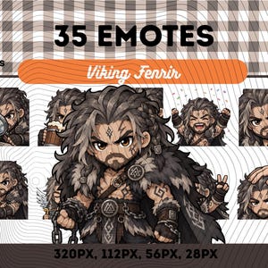 Pode incluir: Uma coleção digital de 35 emotes Viking Fenrir em formato PNG. A personagem tem cabelos longos e escuros, barba e roupas de inspiração nórdica com detalhes em pele. Várias expressões e ações são mostradas, incluindo segurar um presente, uma caneca e uma lupa, tudo em um estilo artístico ilustrado e estilizado.