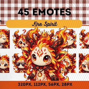 May include: A digital collection of 45 Fire Spirit emotes in PNG format. The character features a cream-coloured face with orange and red flame-like hair, wearing a crown, holding a trophy, drinking coffee, wearing sunglasses, or using a magnifying glass.
