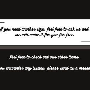 Puede incluir: Fondo negro con texto blanco. El texto dice: "Si necesitas otra talla, no dudes en preguntarnos y te la haremos gratis." Texto adicional: "No dudes en consultar nuestros otros art&iacute;culos. Si tienes alg&uacute;n problema, env&iacute;anos un mensaje."