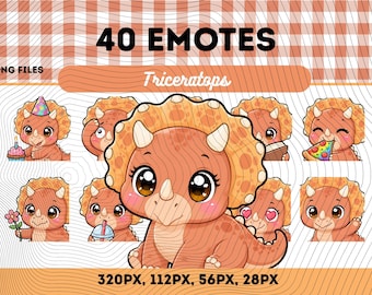 Triceratops-emotespaket 40, Chibi Kawaii söt dinosaurie PNG för streamers, omedelbar nedladdning
