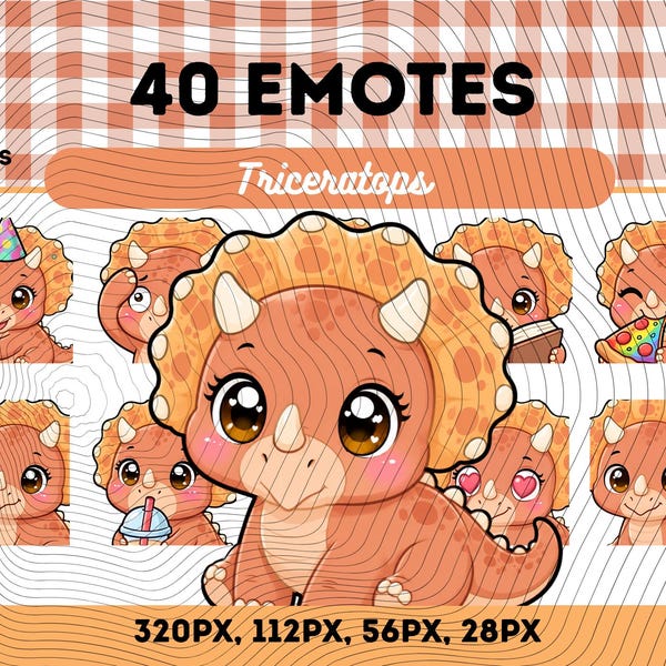 Triceratops Emotes Pack 40, Chibi Kawaii Cute Dinosaur PNG for Streamers, Instant Download
