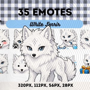 Puede incluir: Una colección digital de 35 emoticonos con un personaje de lobo blanco llamado White Fenrir. El conjunto incluye varias expresiones y acciones, como una cara sonrojada, sosteniendo una bebida, limpiando, usando una lupa y un regalo.