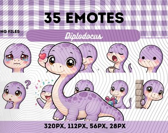 Diplodocus Emotes Pack 35, Chibi Kawaii Söt Långhalsad Dinosaurie PNG för Streamers, Omedelbar Nedladdning