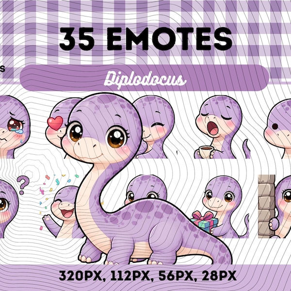 Diplodocus Emotes Pack 35, Chibi Kawaii Cute Long Neck Dinosaur PNG for Streamers, Instant Download
