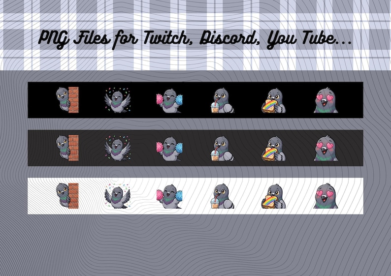 May include: A digital collection of six pigeon character icons displayed in three rows against black, dark gray, and white backgrounds. The text PNG Files for Twitch, Discord, You Tube... appears at the top. The icons show a pigeon peeking, flying, cheering with pom-poms, drinking, eating rainbow toast, and showing heart eyes.
