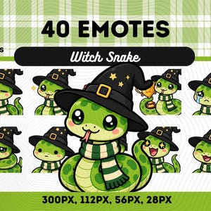 以下が含まれることがあります： 40個の絵文字が描かれたデジタルアート。絵文字は、魔女の帽子とスカーフを身に着けた緑色のヘビで、さまざまな表情をしています。「40 EMOTES」、「Witch Snake」、ピクセル寸法などのテキストが含まれています。
