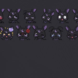 May include: A set of cartoon bunny emotes with diverse expressions. Each bunny is black with purple details, a crescent moon on its forehead, and different facial expressions, including blushing, angry, and crying.