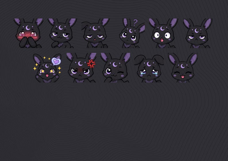 May include: A set of cartoon bunny emotes with diverse expressions. Each bunny is black with purple details, a crescent moon on its forehead, and different facial expressions, including blushing, angry, and crying.