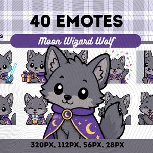 Könnte beinhalten: Eine digitale Sammlung von 40 Emotes, die einen grauen Wolf in einem violetten Zaubererumhang mit Mond- und Sternenmustern zeigen. Der Wolf ist in verschiedenen Posen dargestellt, unter anderem mit Leuchtstäben, einem Geschenk, einem Getränk und einem Notizblock.