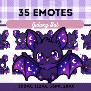 May include: Digital artwork showcasing 35 emotes with a galaxy bat design. The central bat is purple with star and moon-filled wings. Text includes "35 Emotes" and "Galaxy Bat". The image is set against a purple plaid background.