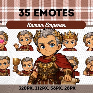 May include: A digital collection of 35 Roman Emperor emotes in PNG format, featuring a cartoon character with gray hair, blue eyes, and a laurel wreath. The character wears a red cape and armor with an eagle emblem, shown in various poses and expressions.
